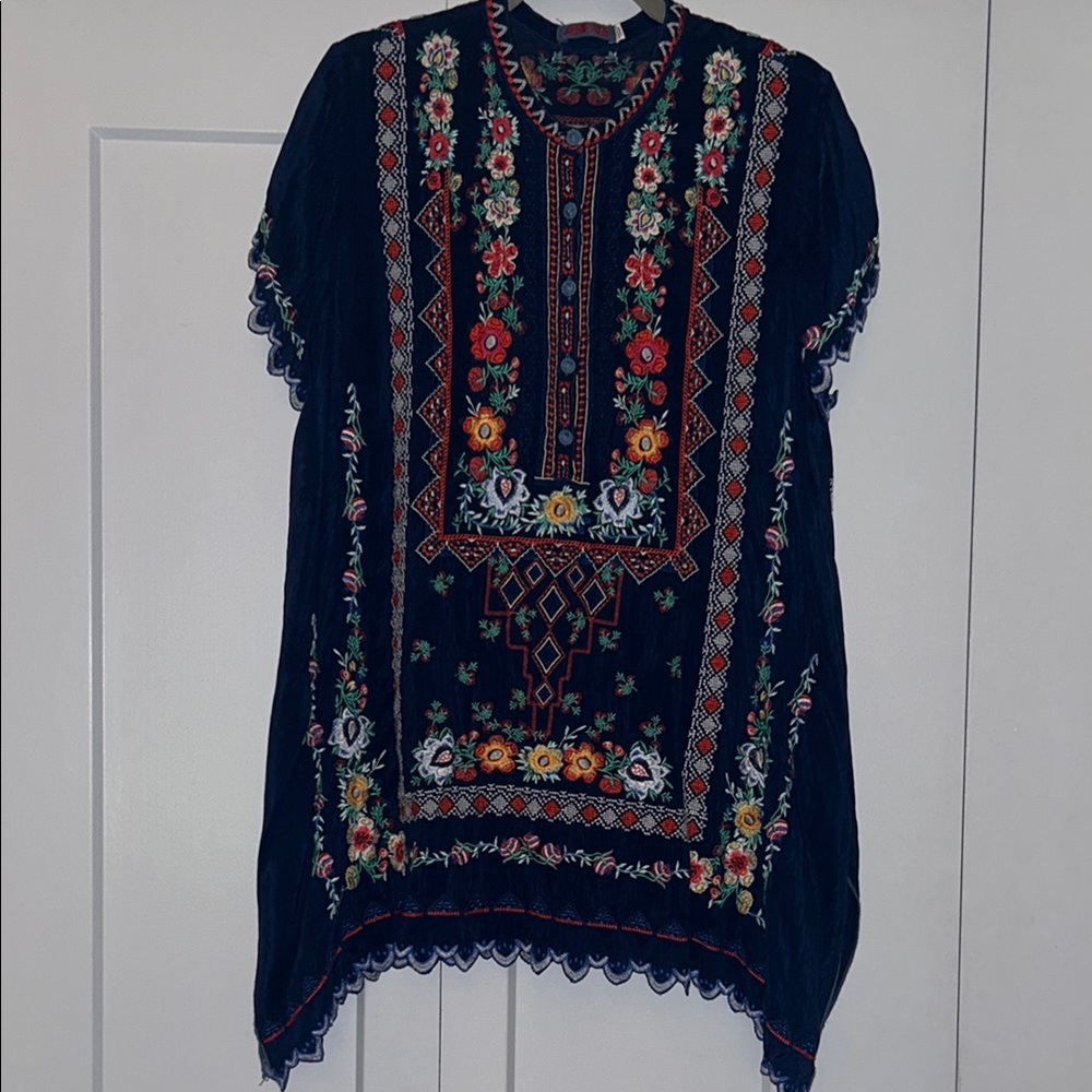 Johnny Was Blue and Red Embellished Short Sleeve Blouse